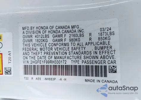 2024 Honda Civic Touring from USA, damaged, VIN 2HGFE1F99RH330172